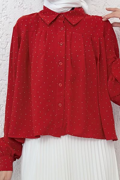 Salih Çelebi Pleated Stone Decorated Shirt 2286 - Red