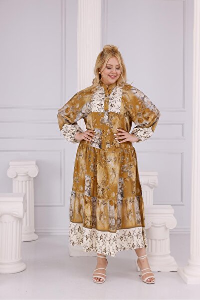 Siyezen Plus Size Button Detailed Flared Dress with Elastic Sleeves