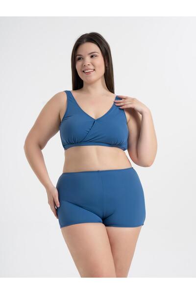 AQUAVİVA Women's Indigo Plus Size Quinn Double Breasted Detailed Gathered Shorts Bikini Set