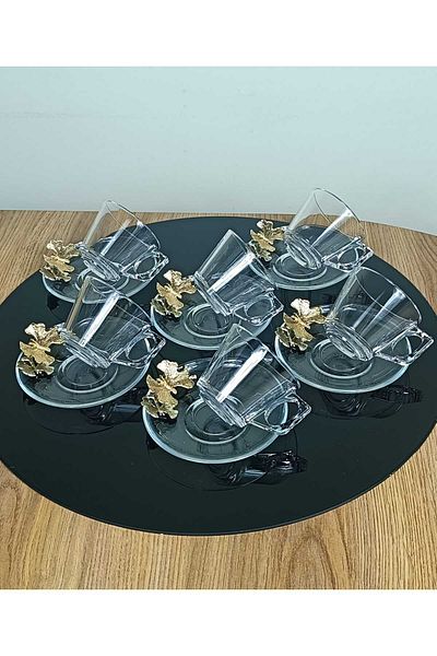 Elta Collection Pashabahçe Silver Vela Cup Set 12 Pieces for 6 People with Butterfly Gift Dowry