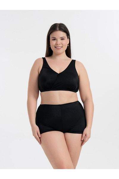 AQUAVİVA Women's Glossy Black Plus Size Quinn Double Breasted Detailed Gathering Shorts Bikini Set