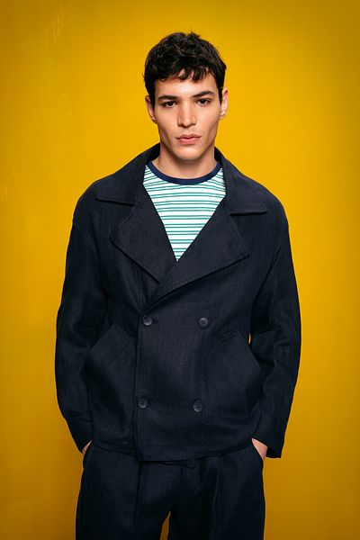 GIESTO 100% Linen Double-Breasted Dark Blue Jacket