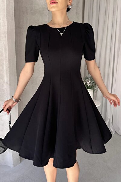 FiberSteo Kadın Siyah Kısa Kollu Fit ve Flare Mini Elbise
