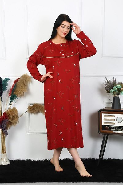 Celira Women's Large Size Long Sleeve Claret Red Mother's Nightgown 1364