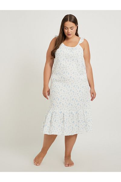 Styli Plus Size Floral Print Cotton Gauze Ruffle Trim Slip Dress