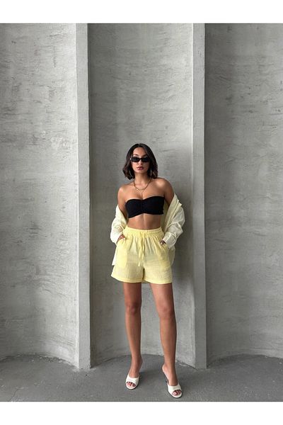 Miss Prova Muslin Beachwear Shorts with Elastic Waist and Waist Tie Detail