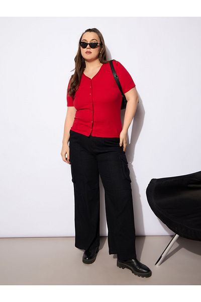 Sassafras By Styli Plus Size V-Neck Buttoned Short Sleeve Top