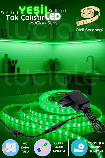 luciole 1 Metre NeoGlow LED Işık Bandı – 12V Tak Çalıştır Yeşil 60 Çipli Fişl...