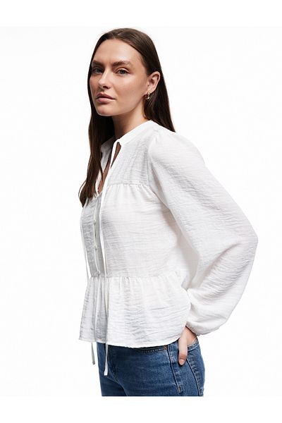 Koton Linen Look Long Balloon Sleeve Bow Tie Judge Collar Tie Detail Blouse