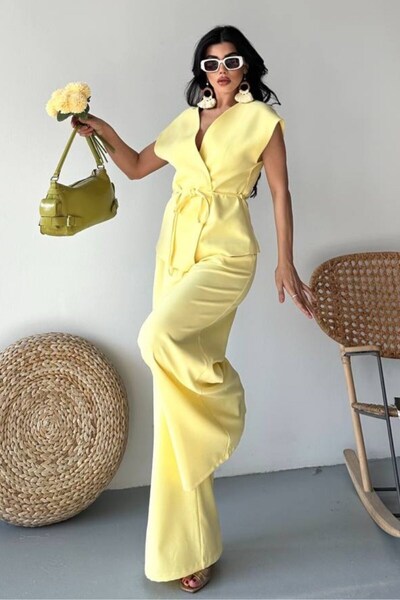 AKD Atelier Set de damă cu două piese de jos, cu șireturi, cu tăietură largi, drapată, de vară, cu mâneci scurte, kimono, pantaloni palazzo