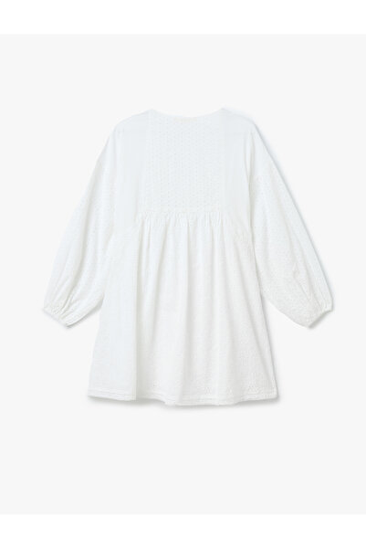 Koton Cotton Long Balloon Sleeve V Neck Mini Scalloped Dress