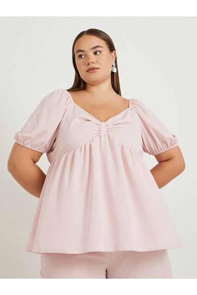 Styli Plus Size Solid Puff Sleeves Twist Front Top