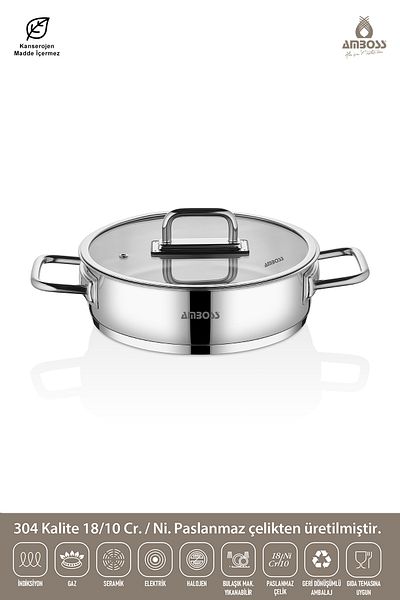 Amboss Nova Stainless Steel Glass Lid Oblate Pot 24X7 cm