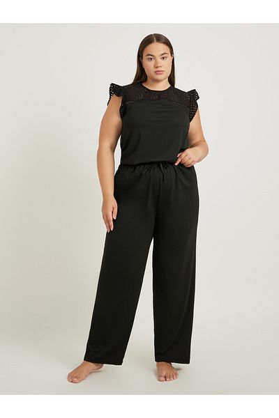 Styli Plus Size Schiffli Yoke Flat Pompom Detail Top and Pyjama Set
