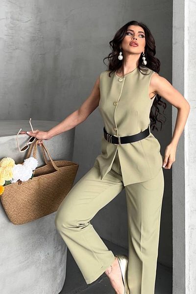 spirituel Women's Double Bottom Top Set Stylish Belted Button Detailed Crew Neck Regular Vest Pants Set