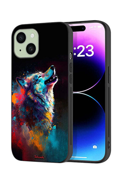 Tolwak Apple iPhone 15 Plus Protective Case Cover Wolf Colorful Art