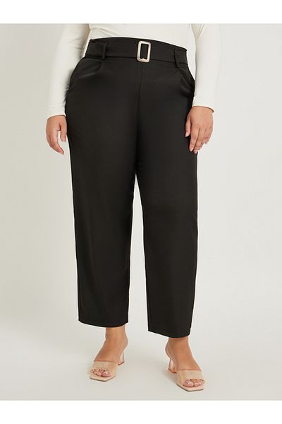 Styli Plus Size Solid High Rise Pleated Tapered Fit Pants with Belted Waist
