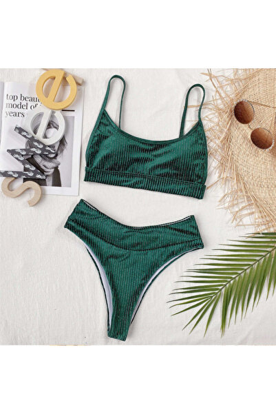 FashionForYou Costum de baie doua piese Victoria verde cu fir argintiu