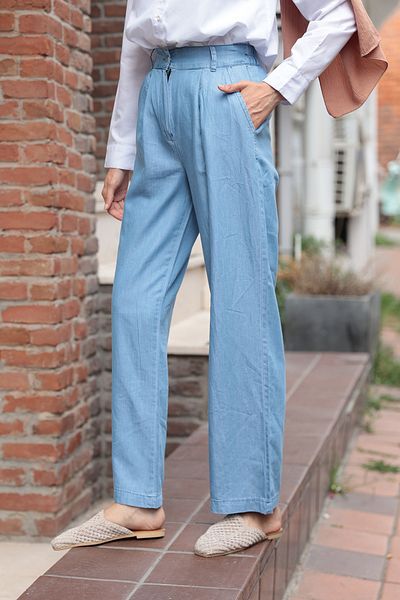 LOCCO Pantaloni de damă din denim semi-elastici albastru deschis