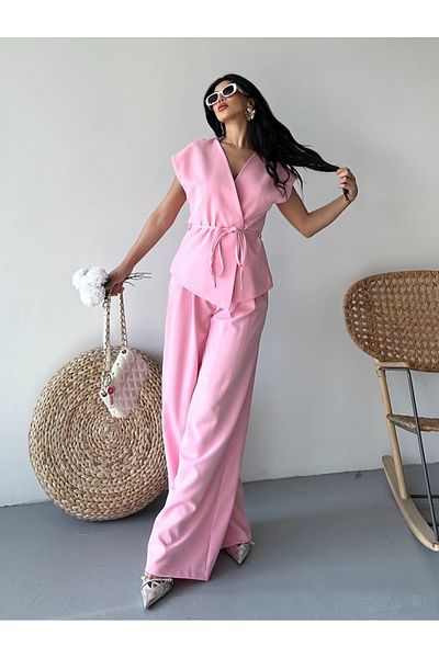 pembekurdelem Women's Oversize Tie-Up Vest Trousers Suit Pink