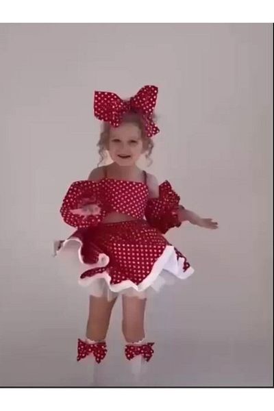 NİSAY BOUTİQUE Girl's Red Polka Dot Ruffled Skirt Strapless Sleeve Detailed Bow Stylish Summer Combination Suit