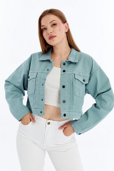 CHOS7N Women's Bomber Gabardine Jacket Snap Button College Denim Jacket with Pockets Colorful Easy to Match Jacket