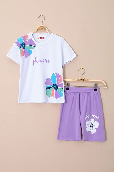 Cansın Mini Lilac Shoulder Flower Printed T-Shirt Shorts Girls 2 Piece Set 21069