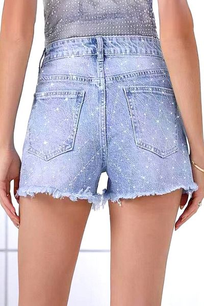 FashionForYou Pantaloni scurți din denim OXAKA, cristale geometrice și franjuri, albastru zăpadă, L