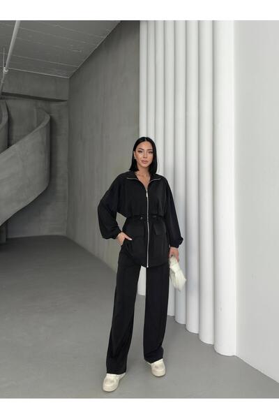 Basicpark Siyah Kadın Bel Lastik Detaylı Cepli Fermuar Kapamalı Tncl Alt Üst Takım