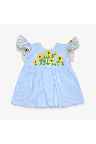 KeeBee Organic Cotton Sunflower Embroidered Girls Blue Dress with Ruffled Sle...