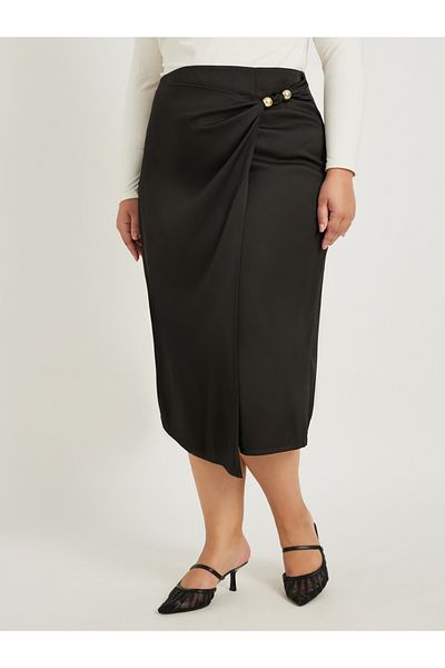 Styli Plus Size Plain Wrap Look A-Line Skirt with Bead Detail