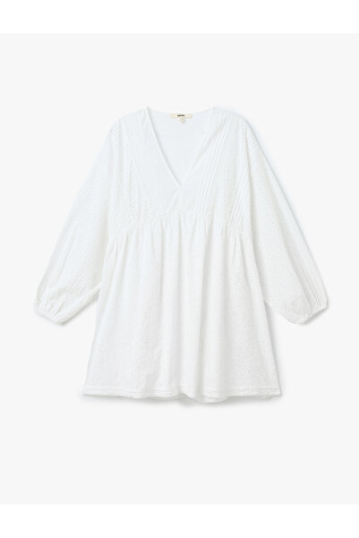 Koton Cotton Long Balloon Sleeve V Neck Mini Scalloped Dress