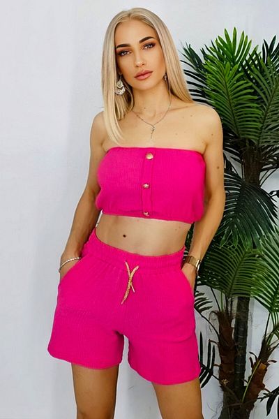 FashionForYou Eclipsing cotton set, with shorts and top with gold metallic details, Fuchsia, L
