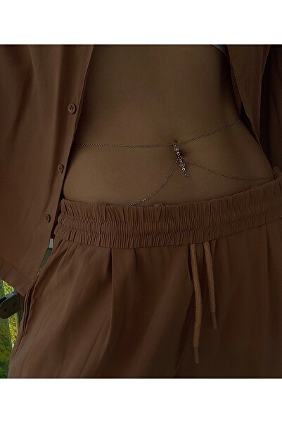 pop up store Zirkon Taşlı Piercing Model Gümüş Renk Çelik Zincir Bel Aksesuarı