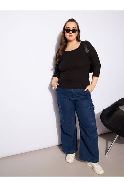 Sassafras By Styli Plus Size Rib Round Neck Lace Detail Top