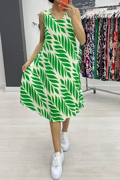 AYASOFYA OTANTIK Women's Green White Patterned Sleeveless Midi Dress