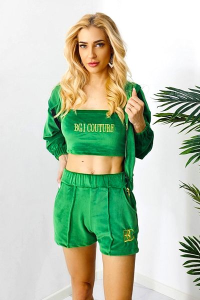 FashionForYou Kabe Velvet Three-piece Set, Zip-up Blouse, Bustier And Shorts, Emerald Green, S
