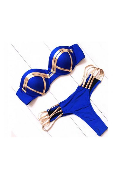 FashionForYou Costum de baie din două piese Story Lux albastru cu elemente aurii, S