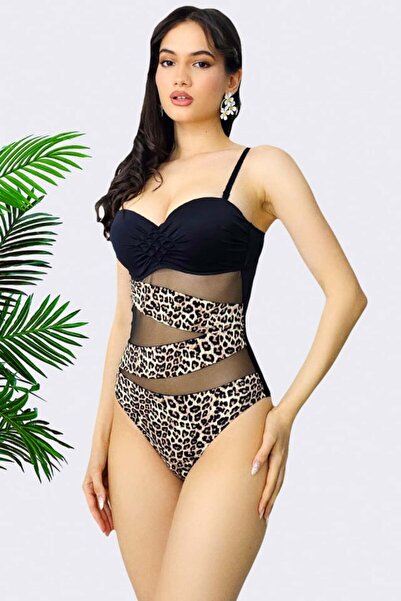FashionForYou Costum de baie intreg Carol, cu insertii de tull si print leopard, Negru si Bej