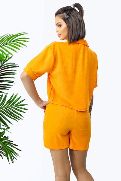 FashionForYou Set With Crepe Cotton, Keona, Shirt And Shorts With Drawstring, Orange, S