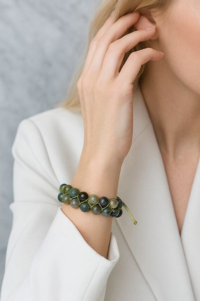 Safnaturel Igsl Certified Moss Agate 8 mm Double Row Macrame Natural Stone Bracelet