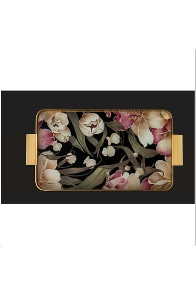 AROW Tray Metal Glass Patterned Black Pink 24X40 cm Gold Tr-1203