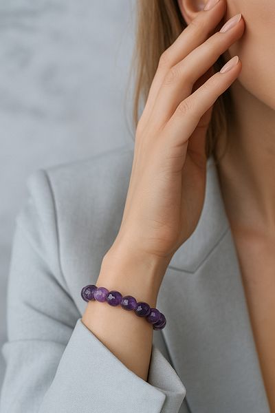 Safnaturel Igsl Certified Amethyst 8 mm Faceted Sphere Cut Natural Stone Bracelet