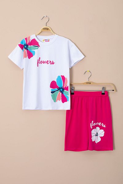 Cansın Mini Fuchsia Shoulder Flower Printed T-Shirt Shorts Girls 2 Piece Set 21068