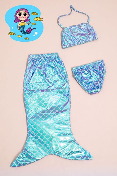 Cansın Mini Girl's Blue Sequin Patterned 3-Piece Mermaid Swimsuit Set 21131