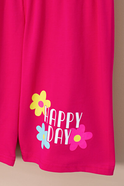 Cansın Mini Fuchsia Colored Flower Printed T-Shirt and Shorts Girls 2 Piece Set 21065