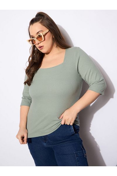 Sassafras By Styli Plus Size Ribbed Square Neck Top
