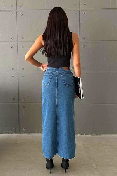 FashionForYou Fustă lungă din denim Guadalajara, cu crăpătură largă pe picior, albastru deschis, 38