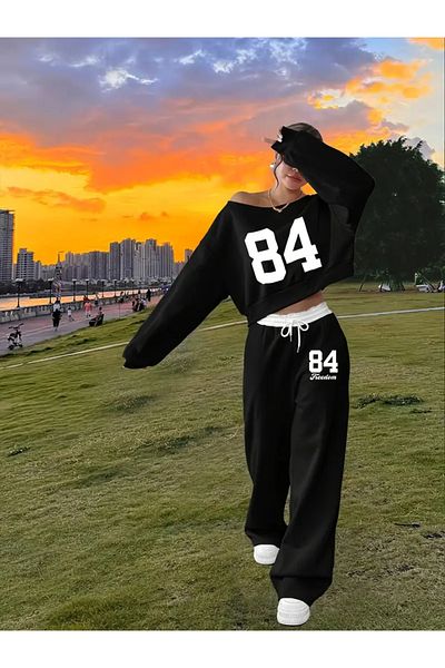 npLStore Women's 84 Printed Off Shoulder Sweatshirt Sweatpants 3 Thread Double Set