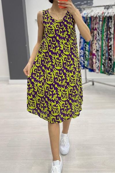 AYASOFYA OTANTIK Women's Yellow Purple Patterned Sleeveless Midi Dress